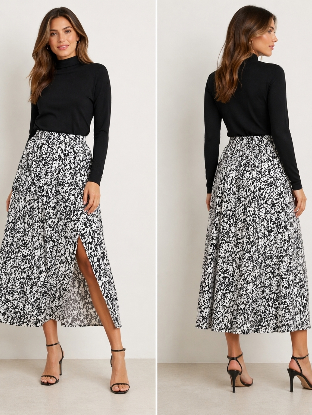 H&M Black and White Midi A-Line Skirt with Split Hem